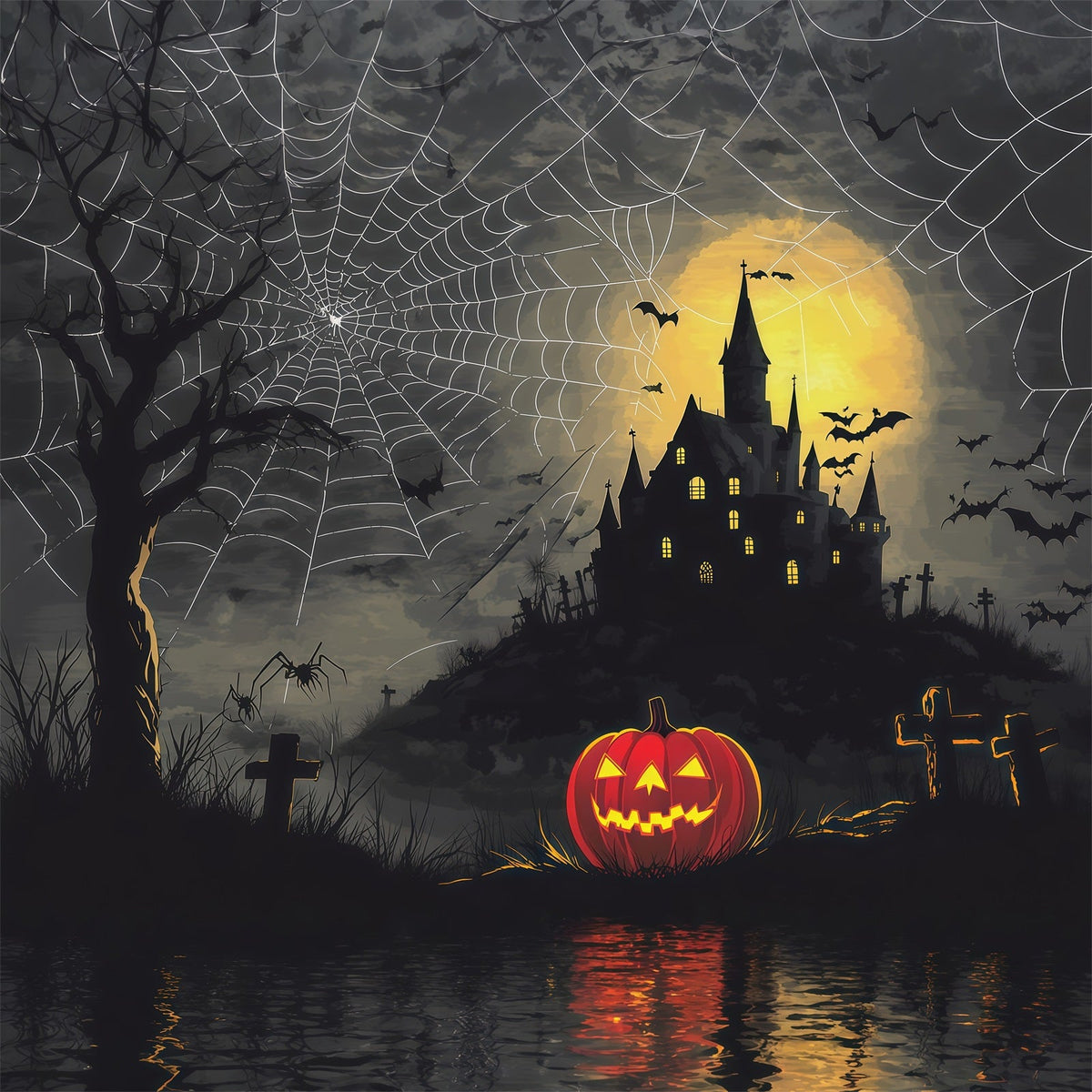 Décor D'Halloween Effrayant Toile D'Araignée Château Citrouille Nuit Effrayante RR67-74