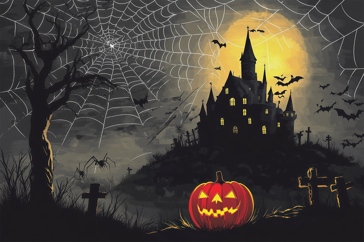 Décor D'Halloween Effrayant Toile D'Araignée Château Citrouille Nuit Effrayante RR67-74