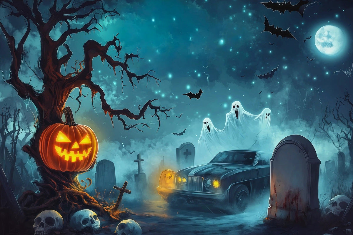 Décor De Garage Pour Halloween Citrouilles Fantômes Cimetière Voitures RR67-75