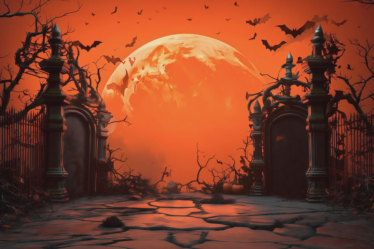 Décor De Fond Halloween Lune Orange Porte De Cimetière Décors Photos Halloween RR67-8