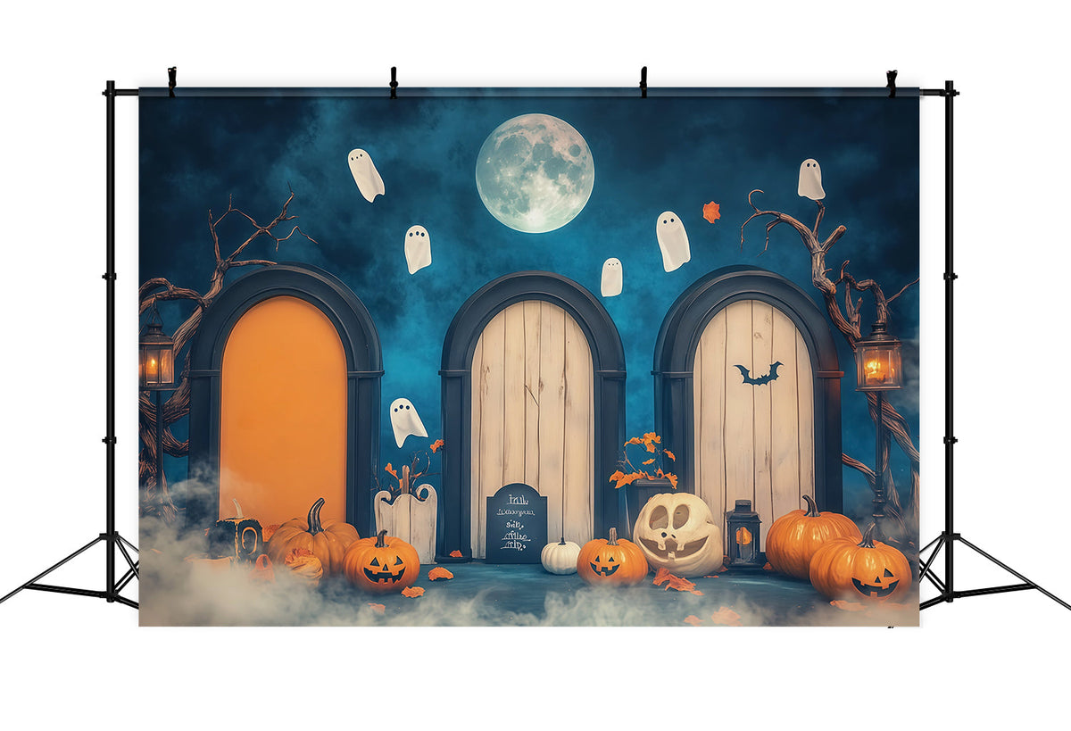Arche D'Halloween En Toile De FondPorte Fantôme Éclairée Par La Lune Citrouilles Grands Décors D'Halloween RR67-83