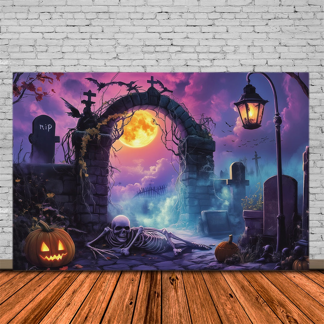 Décor De Fond Extérieur Pour Halloween Arche De Cimetière Éclairée À La Lune Squelette RR67-9