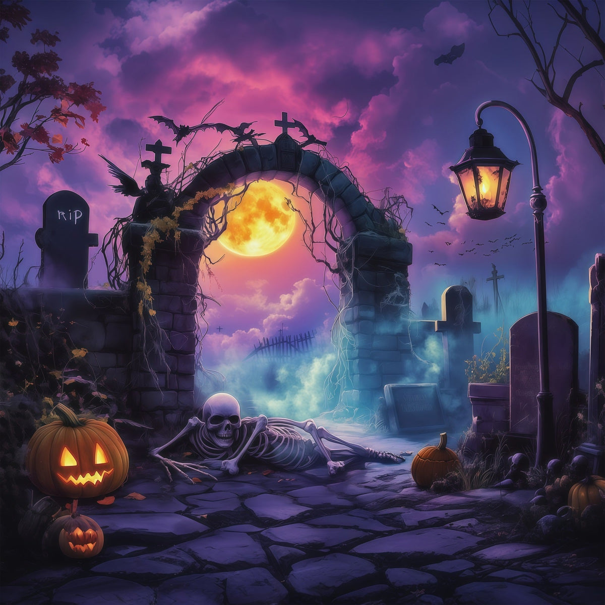 Décor De Fond Extérieur Pour Halloween Arche De Cimetière Éclairée À La Lune Squelette RR67-9
