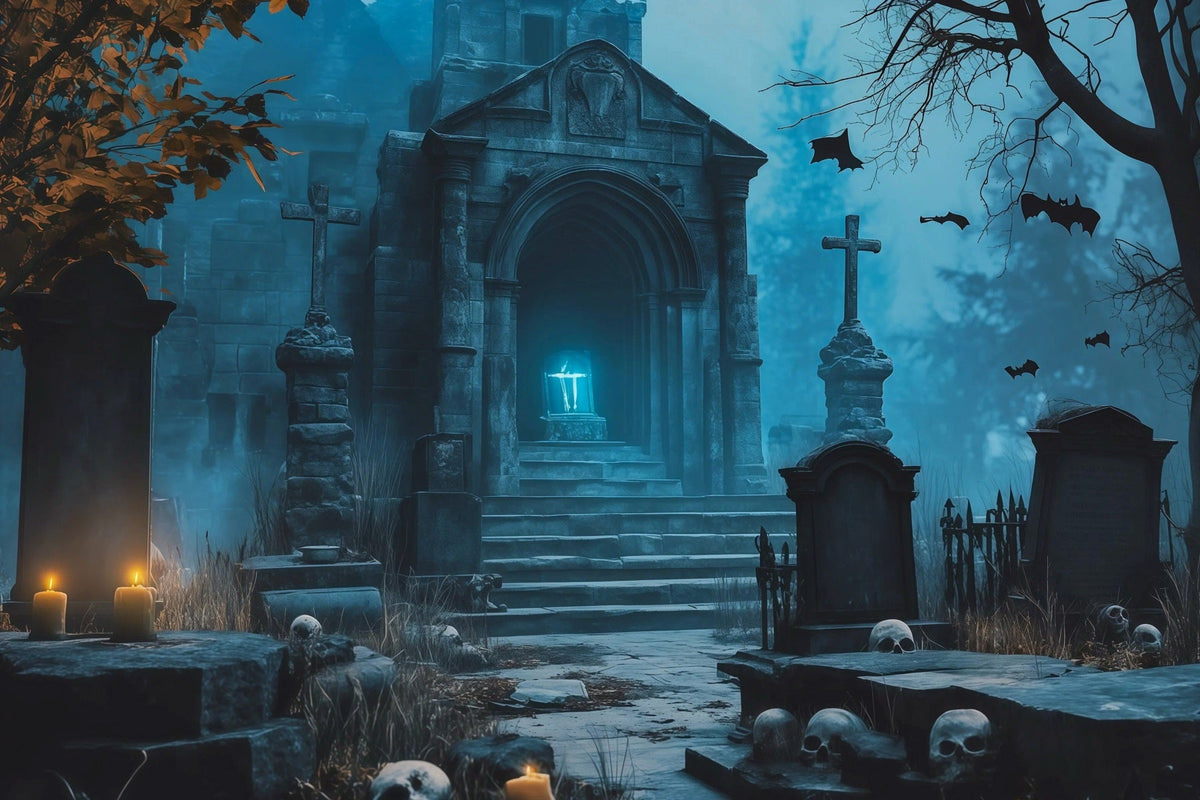 Décor De Fond En Tissu Pour Halloween Crypte Bleue Bougies Tombes Cimetière Décors D'Halloween RR67-93