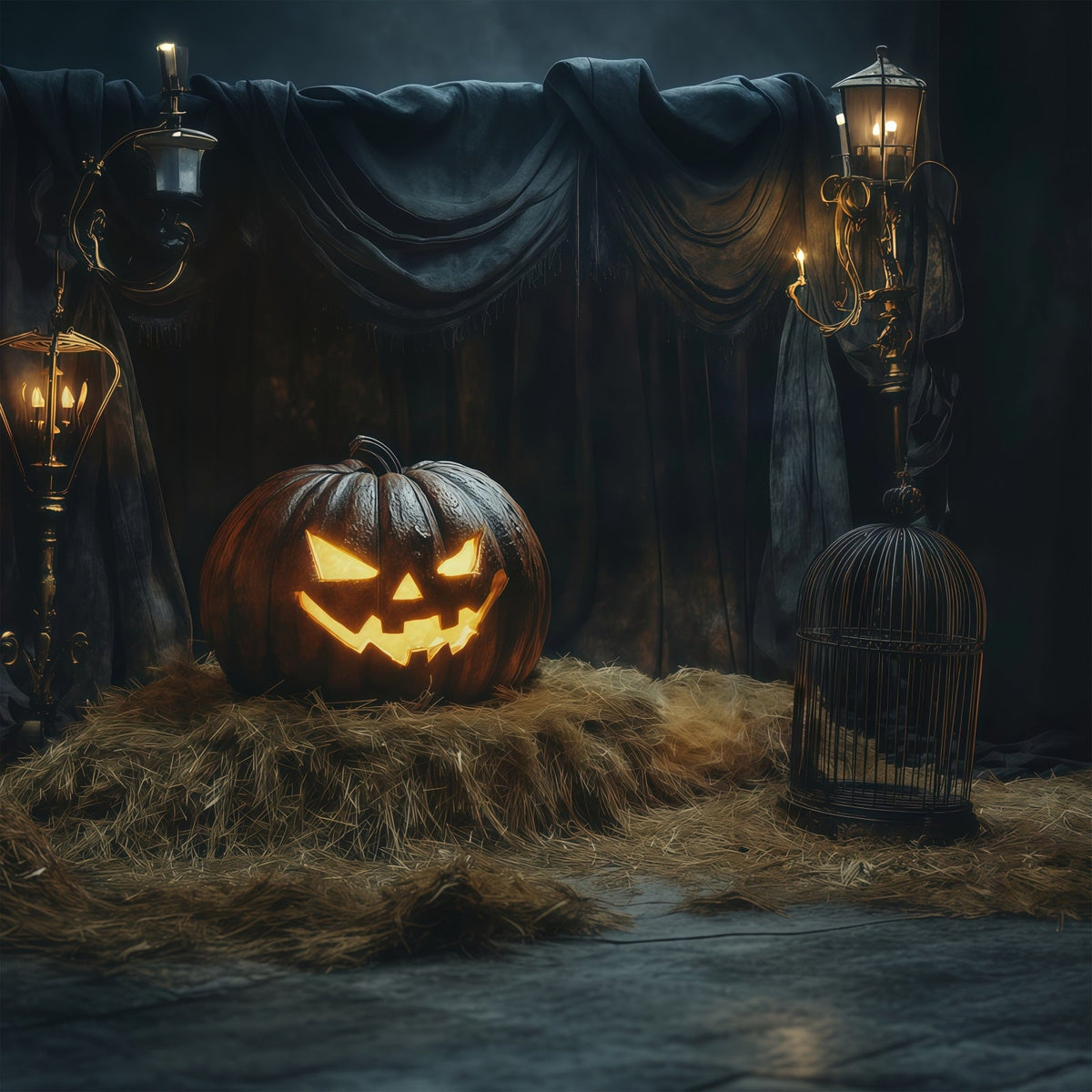 Décor De Scène D'Halloween Citrouilles Lumineuses Et FoinDécor Pour Halloween RR67-96
