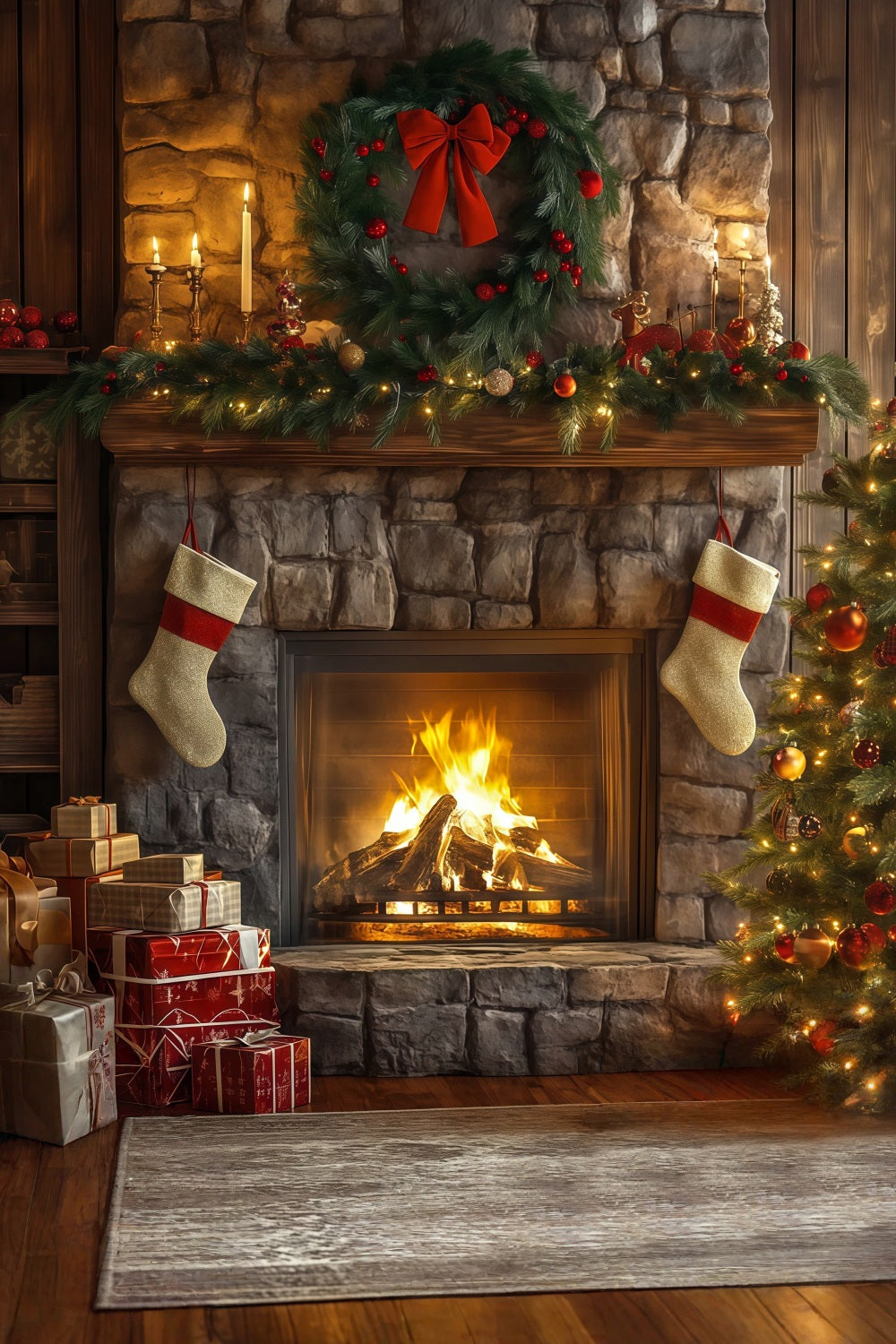 Fond De Cheminée De Noël Décoration De Guirlande Pour Cheminée En Pierre Décors De Noël RR68-62