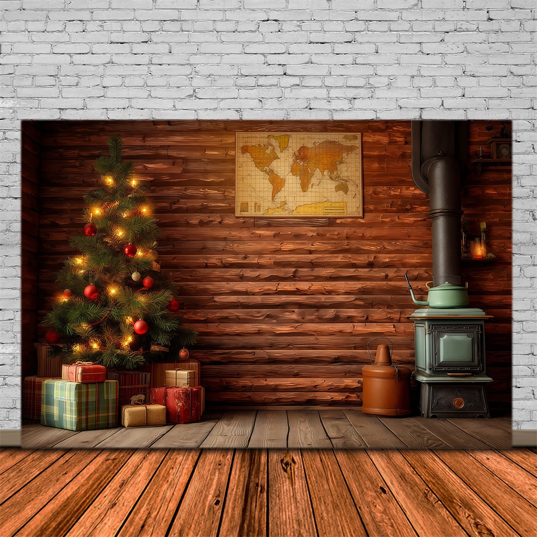 Décor De Noël Champêtre Intérieur De Cabane Rustique Fond Photographique De Noël RR68-80