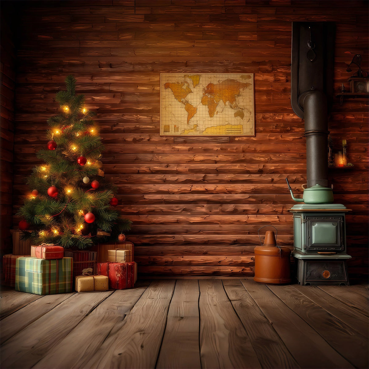 Décor De Noël Champêtre Intérieur De Cabane Rustique Fond Photographique De Noël RR68-80