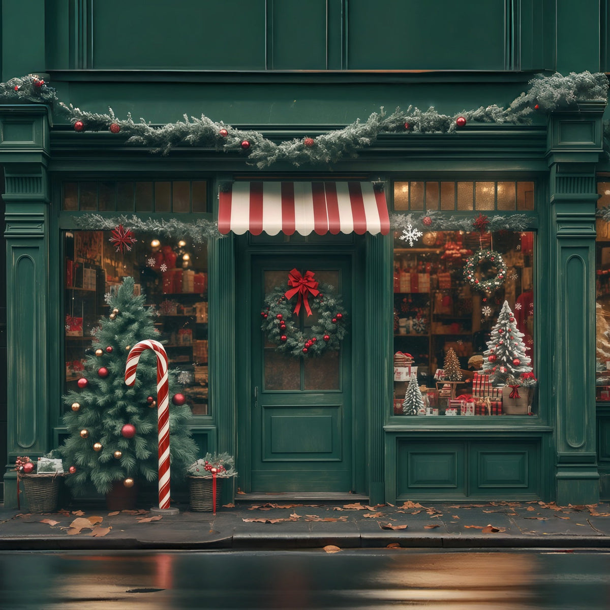 Décor De Magasin De Noël Décoration De Devanture Verte Fond Photo De Noël RR68-83