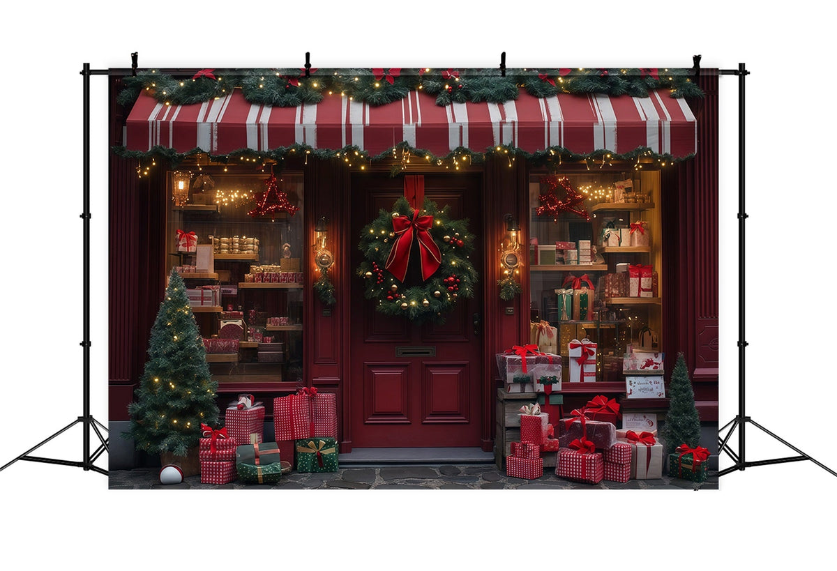 Décor De Magasin De Noël Façade De La Boutique De Cadeaux Couronne Rouge Fond En Mousseline De Noël RR68-89