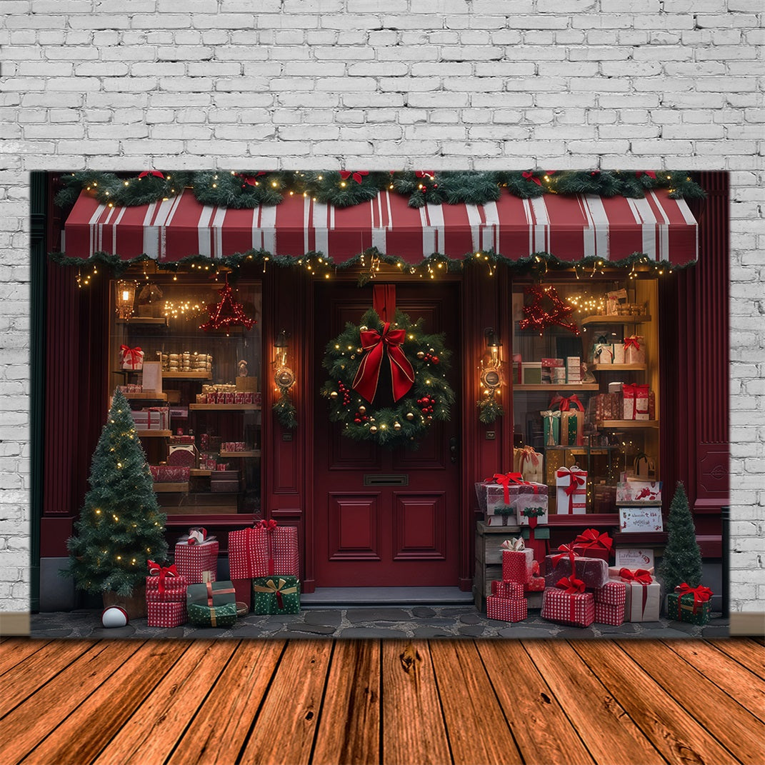 Décor De Magasin De Noël Façade De La Boutique De Cadeaux Couronne Rouge Fond En Mousseline De Noël RR68-89