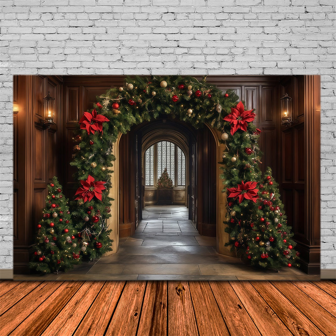 Arche De Noël En Toile De Fond Arche De Couloir Ornée D'Une Guirlande De Poinsettias Fond Mural De Noël RR68-93