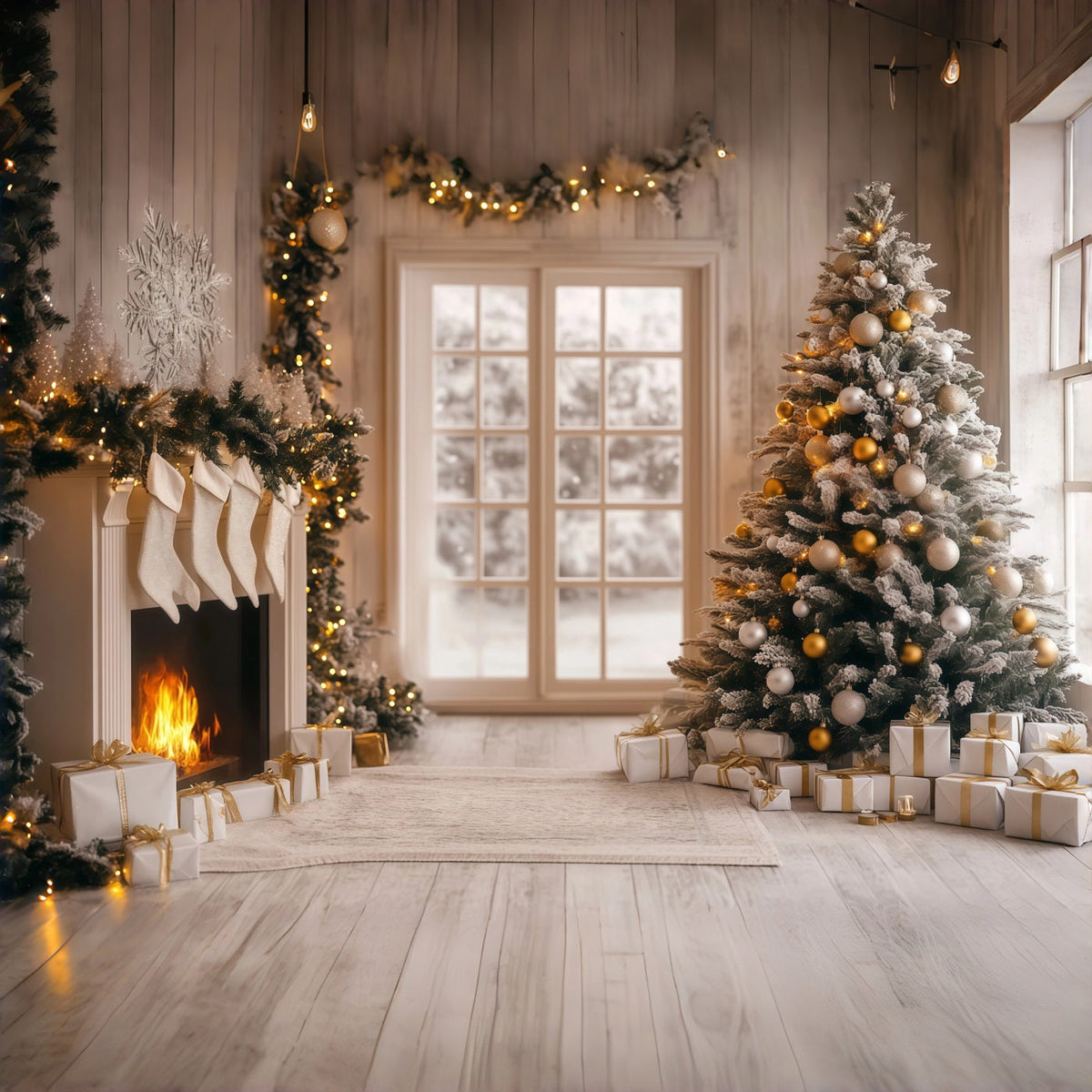 Décor De Noël Moderne Lueur Du Foyer En Or Blanc Décors Photographiques De Noël RR68-96