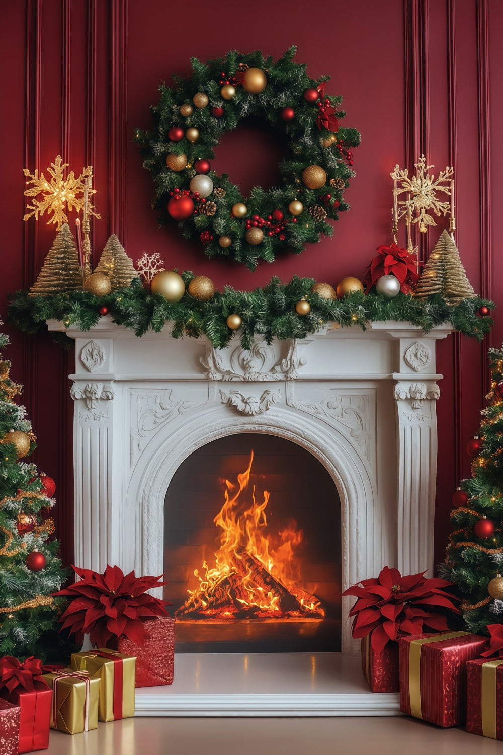 Décor De Cheminée Pour Noël Cheminée Élégante Avec Couronne Cramoisie Décors De Noël RR68-99