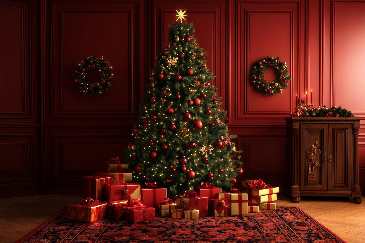 Fond Rouge De Noël Salle De Cadeaux De L'Arbre Lumineux Grand Décor De Noël RR69-10