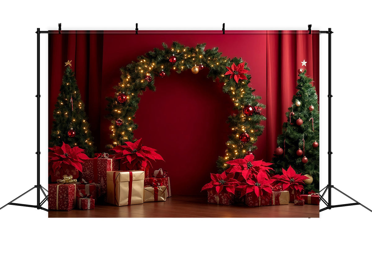 Fond Rouge De Noël Arche Décorée De Guirlandes De Poinsettias Décors De Noël RR69-105
