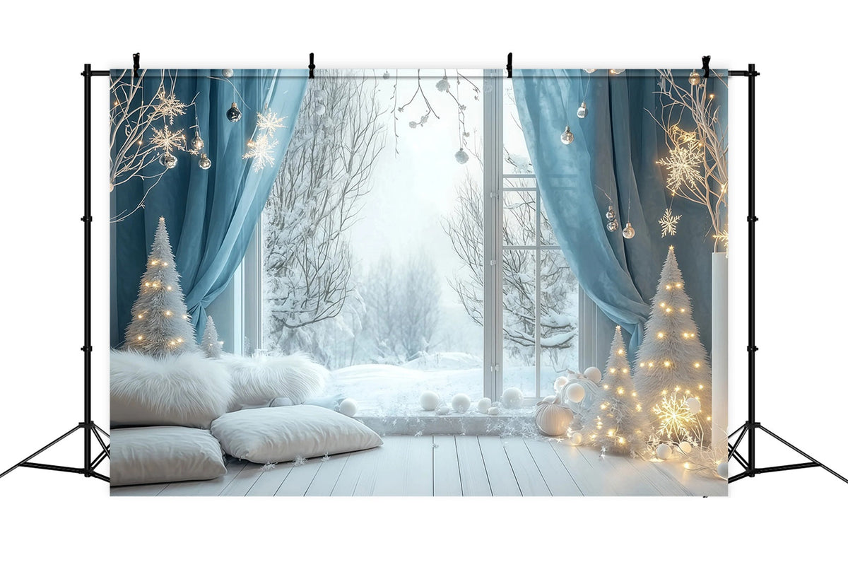 Fond De Lumières De Noël Chambre Avec Fenêtre Bleu Neige Décors De Noël Pour Studio RR69-24