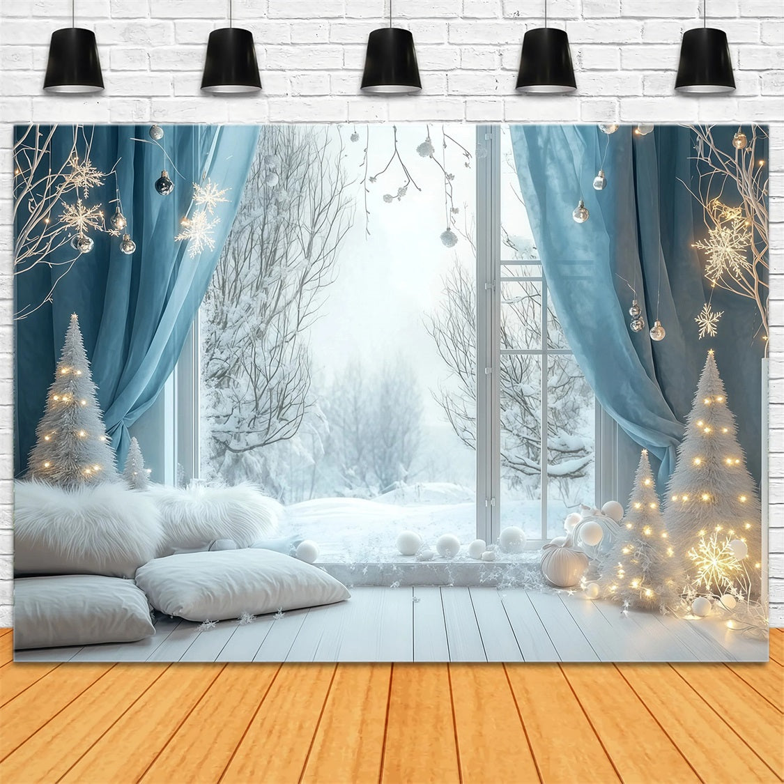 Fond De Lumières De Noël Chambre Avec Fenêtre Bleu Neige Décors De Noël Pour Studio RR69-24