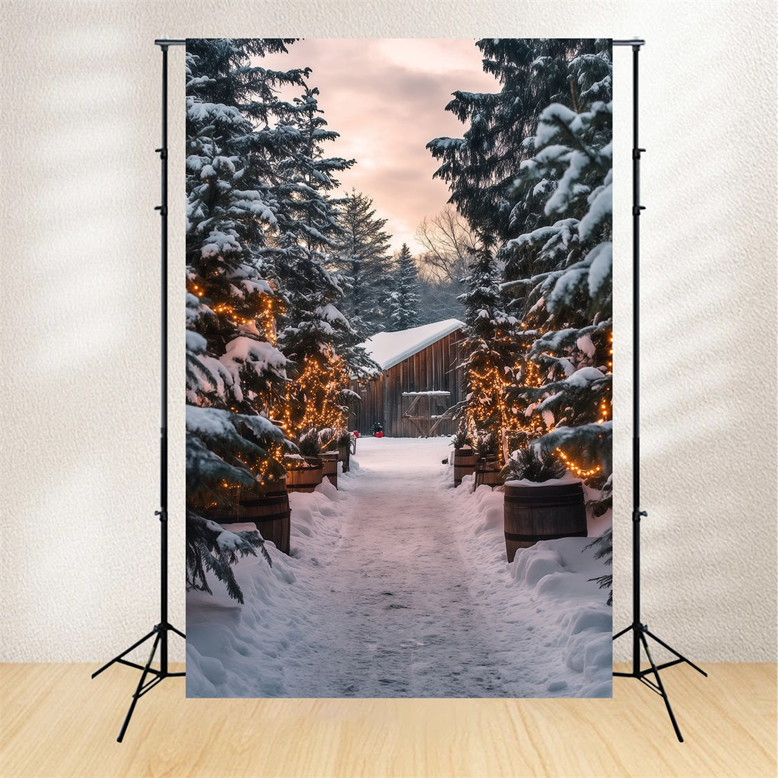 Décor De Cabane De Noël Chemin Lumineux De La Forêt Enneigée Décor De Studio De Noël RR69-25