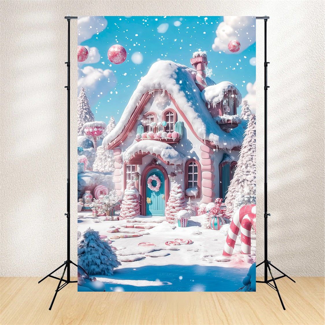Décor De Noël Candyland Maison De Bonbons Rose Neigeux Fond De Noël Professionnel RR69-29