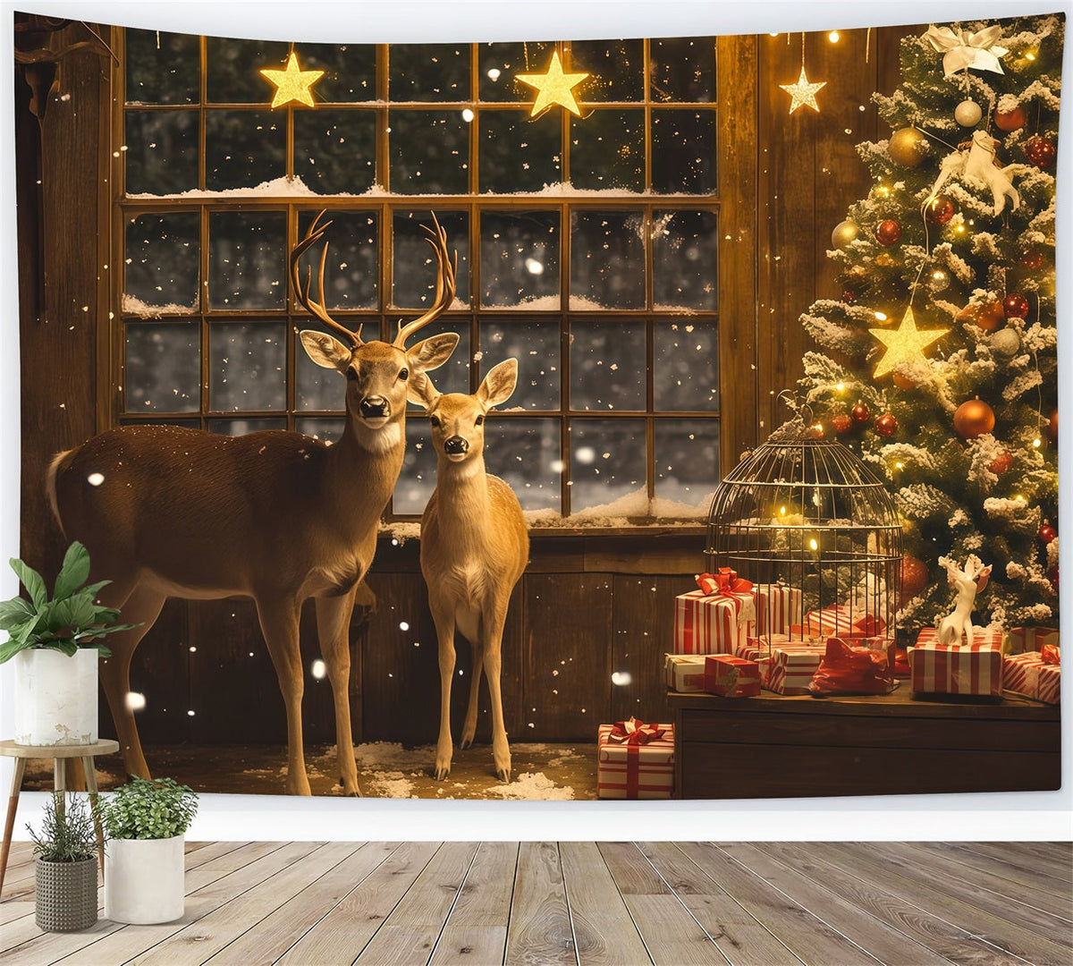 Décor De Vitrine De Noël Coin Cadeaux Deer Stars Décor Photographique De Noël RR69-3