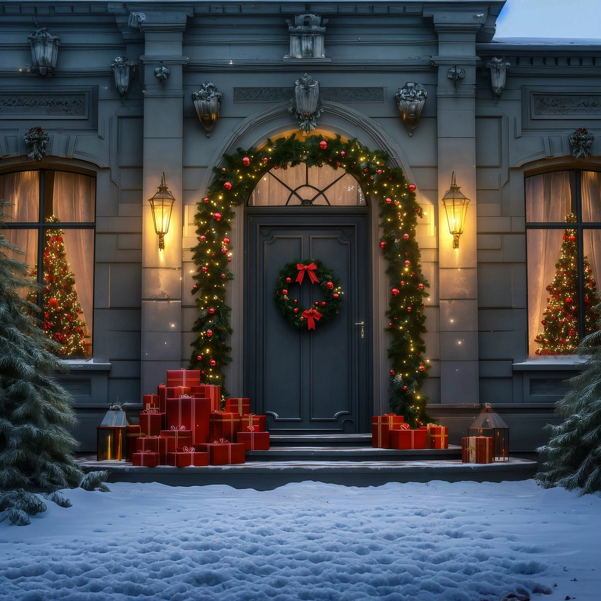Décor De La Nuit De Noël Porte D'Entrée Élégante Ornée De Guirlandes Fond De Noël En Mousseline RR69-31