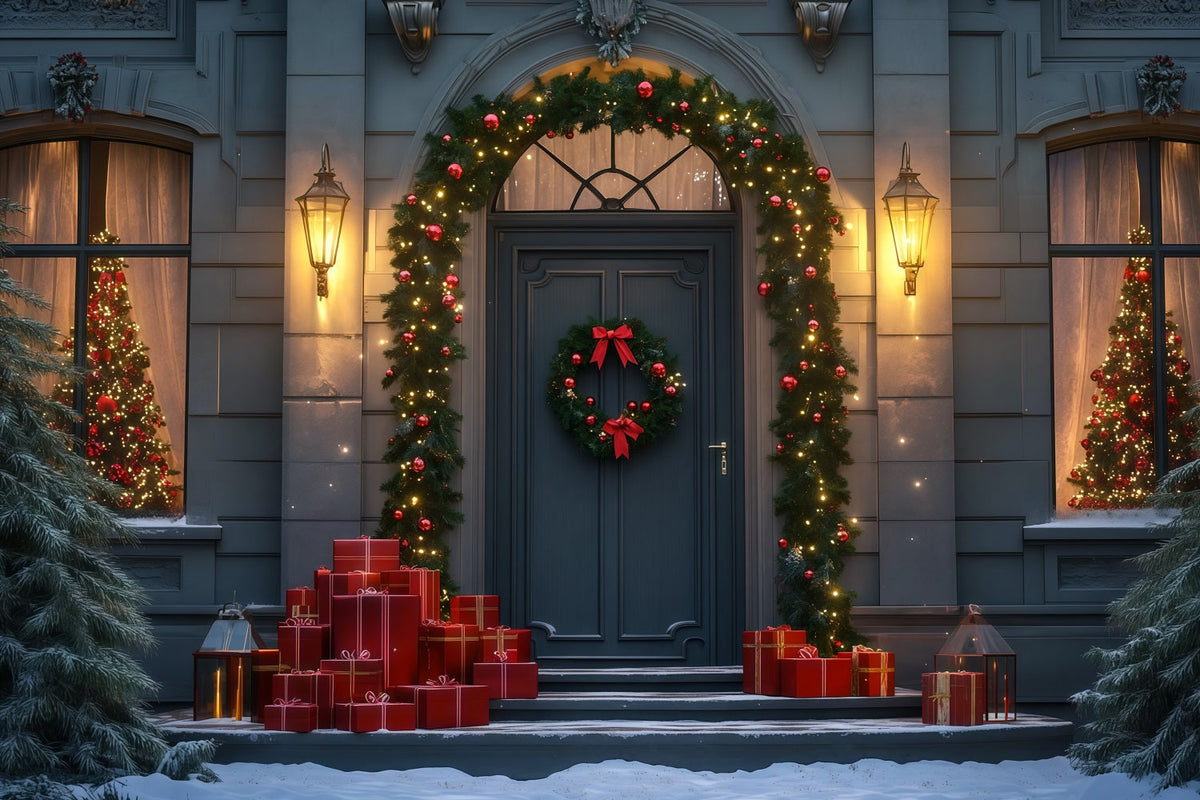 Décor De La Nuit De Noël Porte D'Entrée Élégante Ornée De Guirlandes Fond De Noël En Mousseline RR69-31