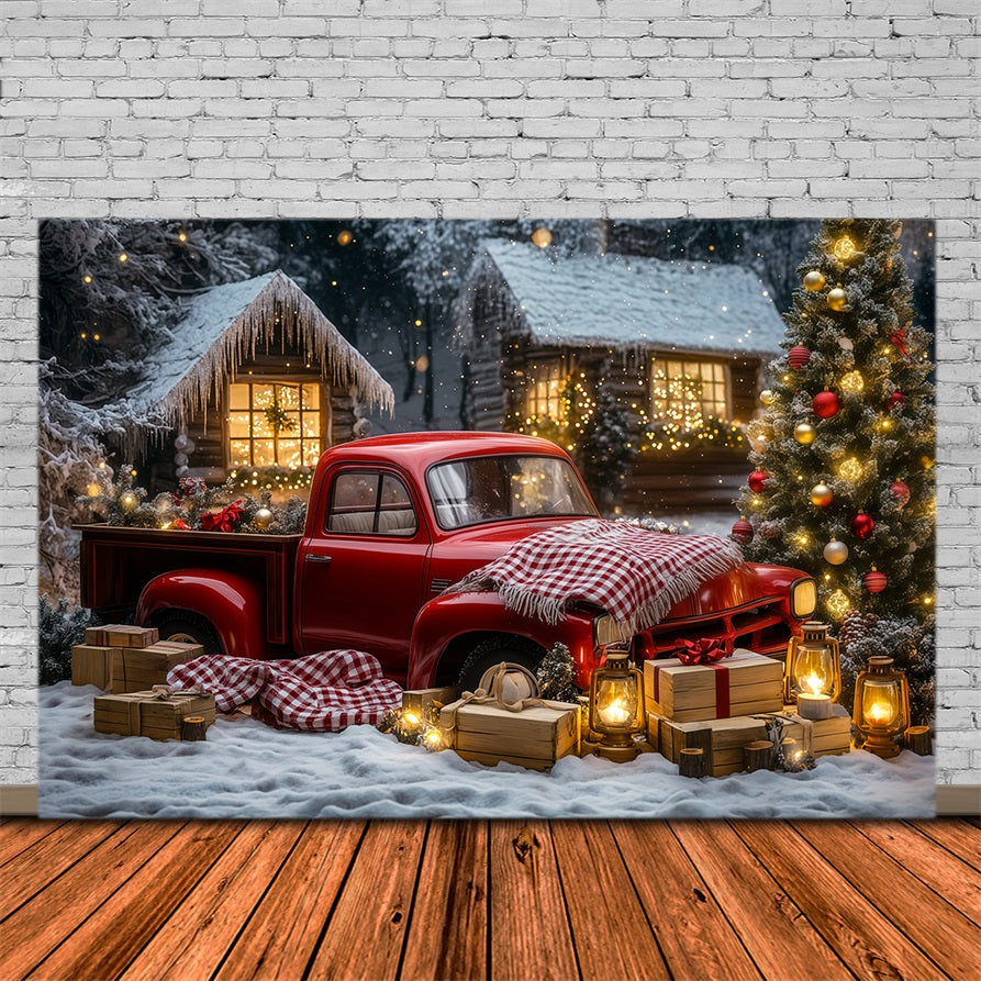Fond De Camion De Noël Voiture Vintage Cabane En Forêt Fond En Mousseline De Noël RR69-32