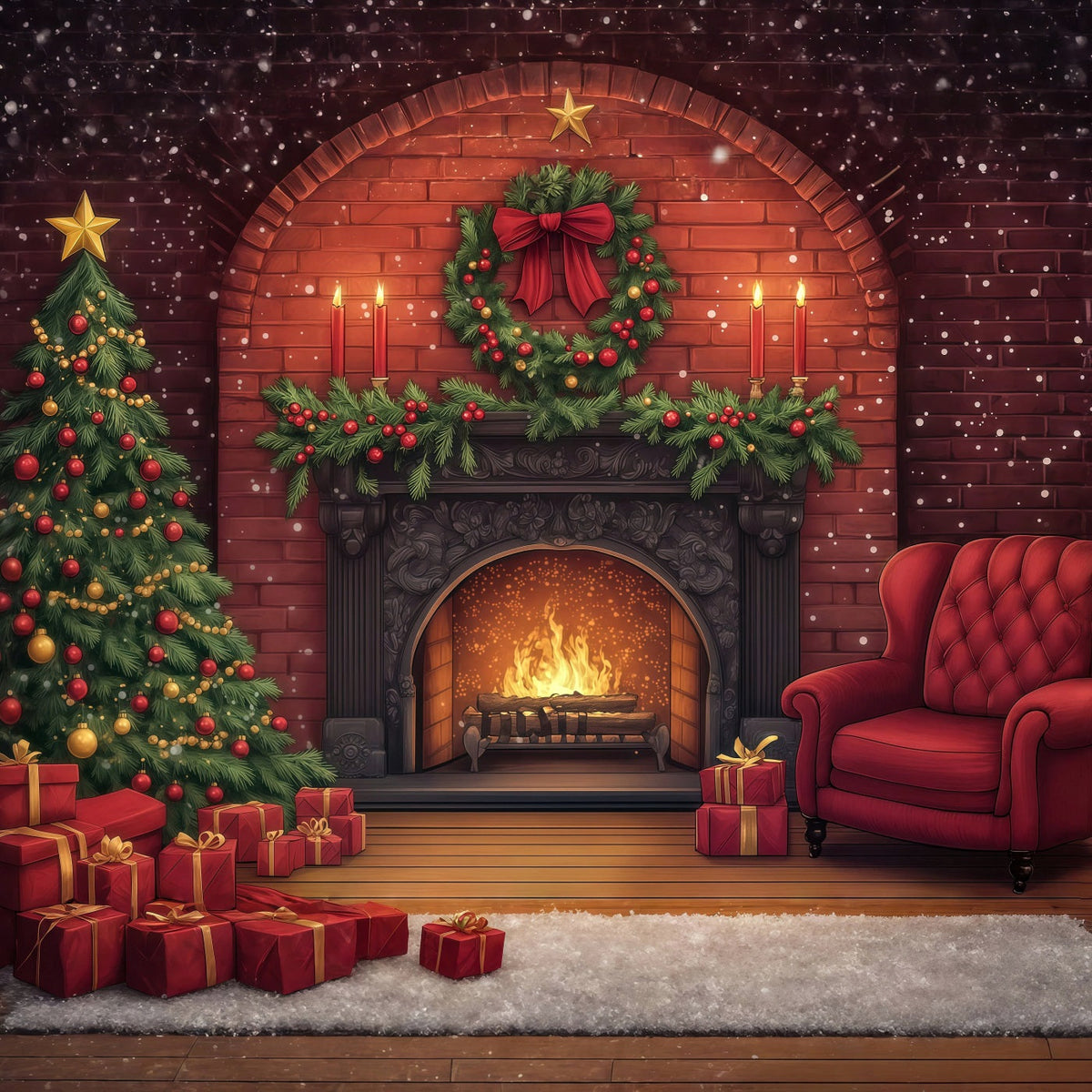 Joli Décor De Noël Cheminée En Briques, Guirlande Lumineuse Décors Photographiques De Noël RR69-33