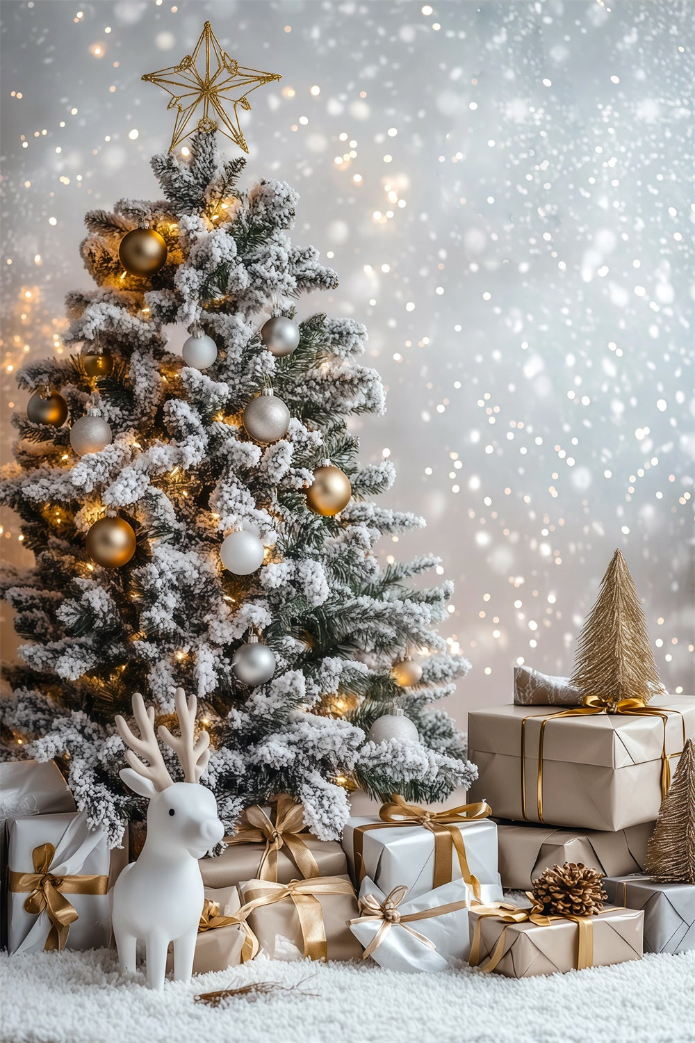 Fond Bokeh De Noël Présentoir À Cadeaux En Sapin Givré Toiles De Fond En Mousseline De Noël RR69-34
