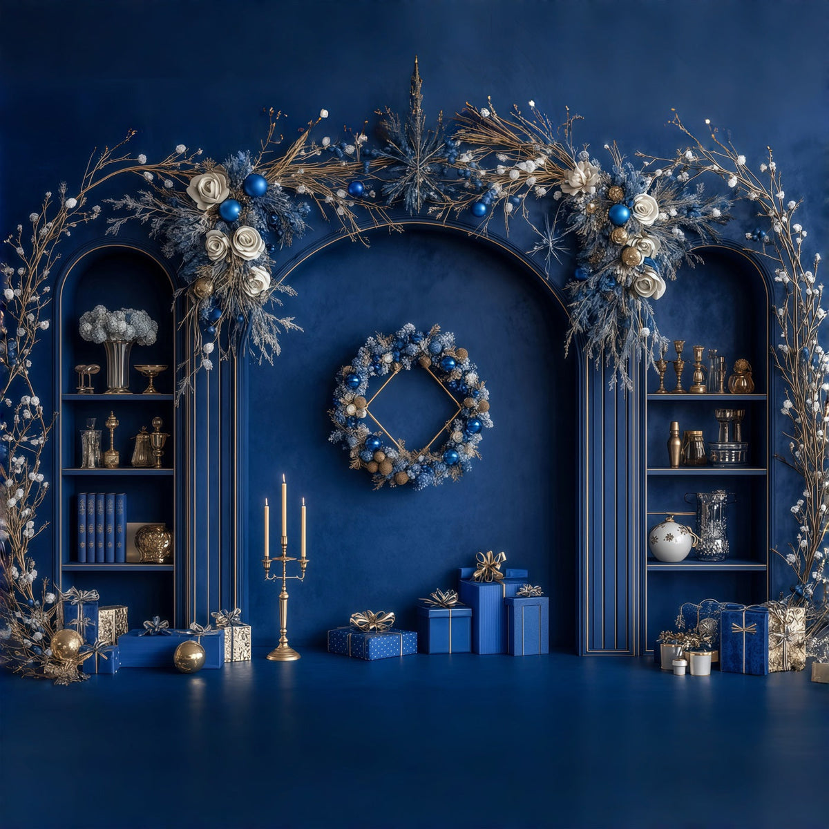 Fond Bleu De Noël Décoration D'Arche Bleue Givrée Décors Photographiques De Noël RR69-46