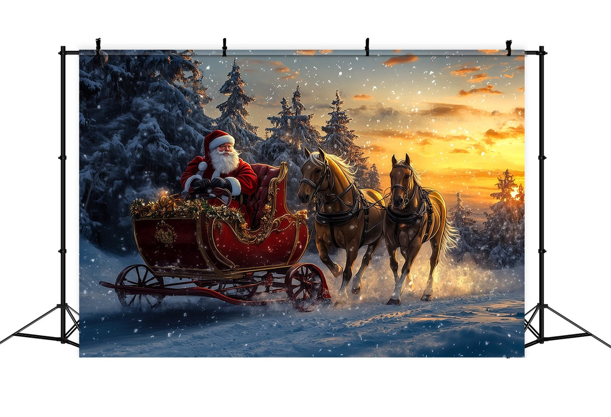 Décor De Noël Avec Le Père Noël Le Traîneau Du Père Noël Dans La Forêt Enneigée Fond Photographique De Noël RR69-54