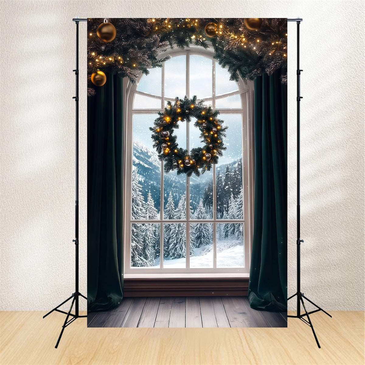 Décor De Vitrine De Noël Vue Enneigée De Wreath Mountain Décors De Noël Pour Photos RR69-58