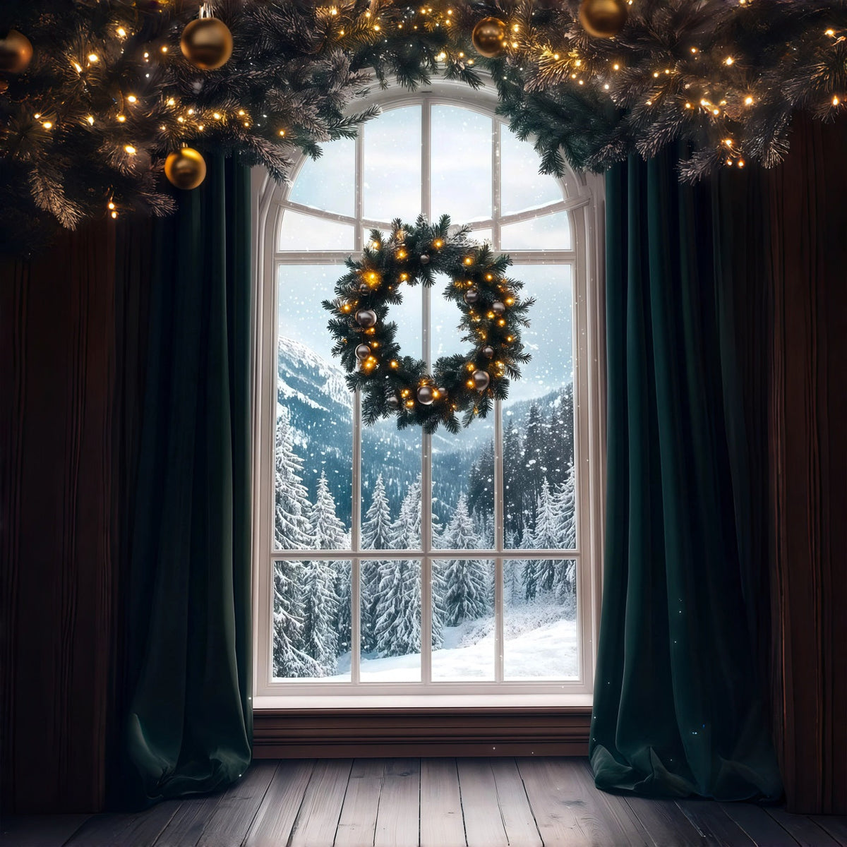 Décor De Vitrine De Noël Vue Enneigée De Wreath Mountain Décors De Noël Pour Photos RR69-58