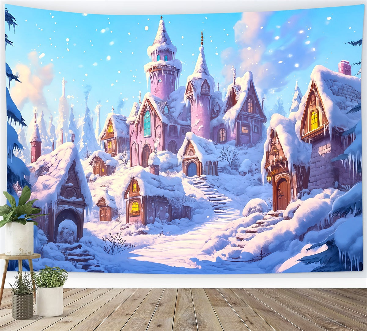 Fond De Noël Rose Château Du Village Enneigé Grandes Toiles De Fond De Noël RR69-64