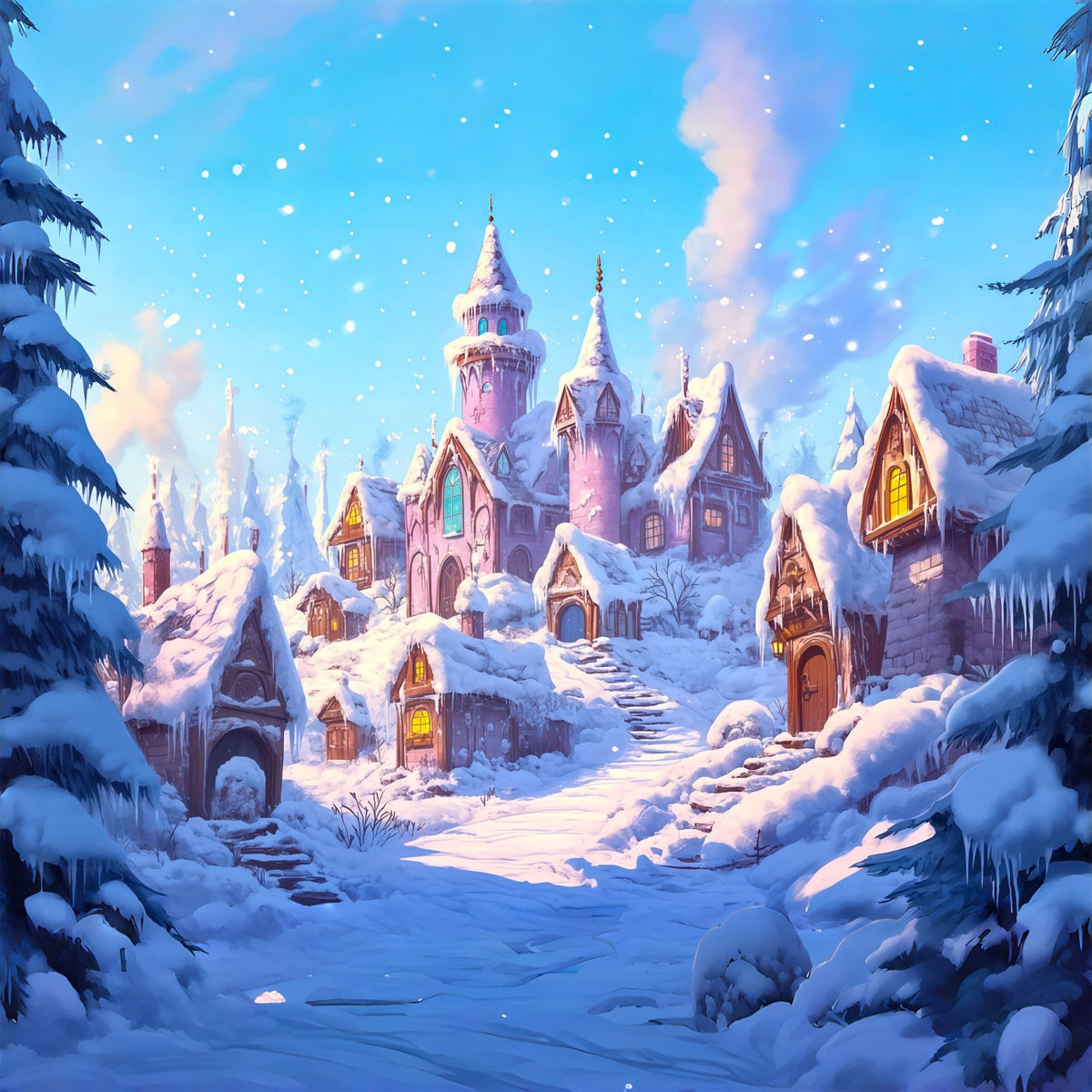 Fond De Noël Rose Château Du Village Enneigé Grandes Toiles De Fond De Noël RR69-64