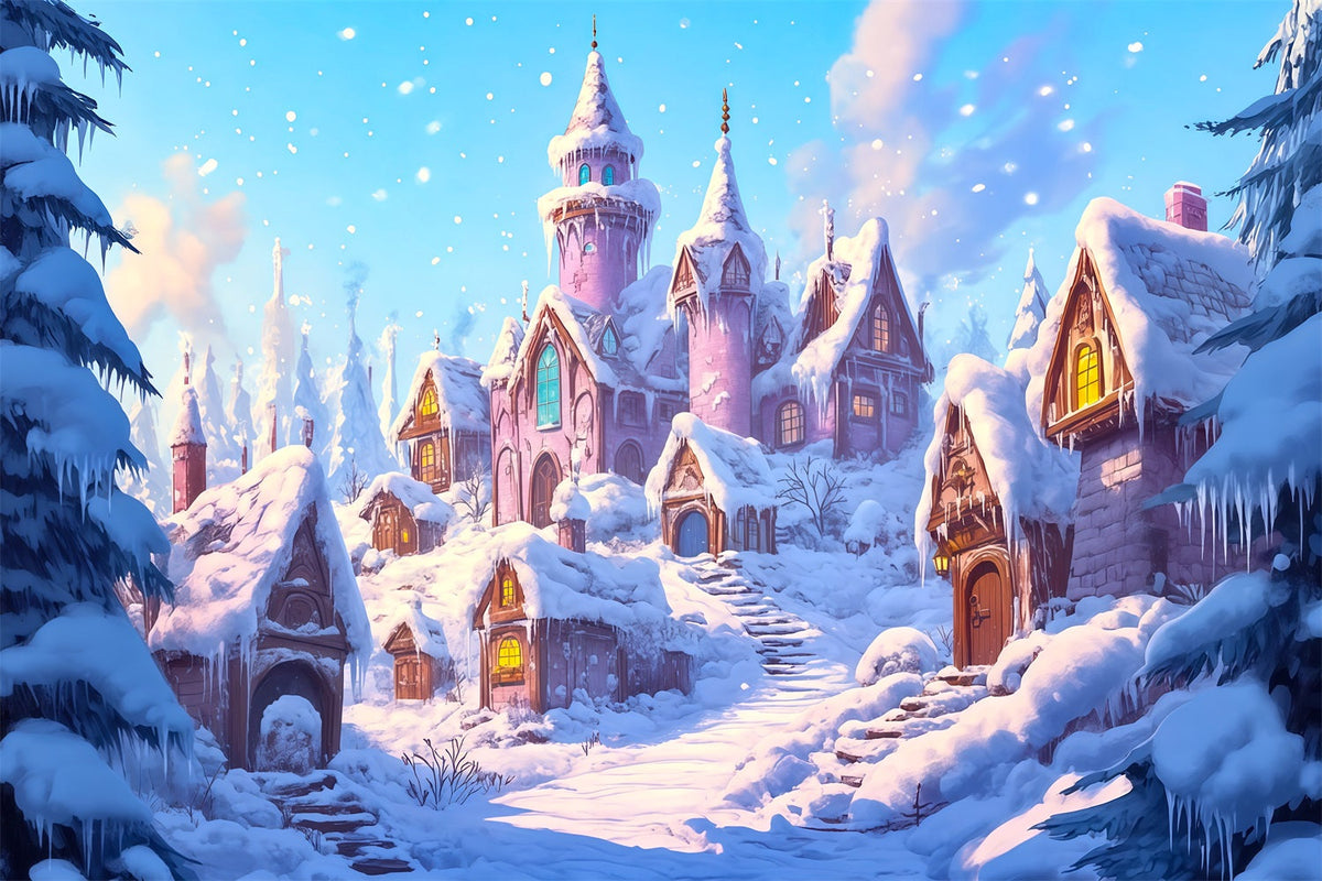 Fond De Noël Rose Château Du Village Enneigé Grandes Toiles De Fond De Noël RR69-64