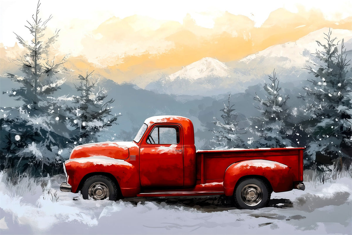 Fond De Noël Camion Rouge Forêt Enneigée De Vin Décor Mural De Noël RR69-65