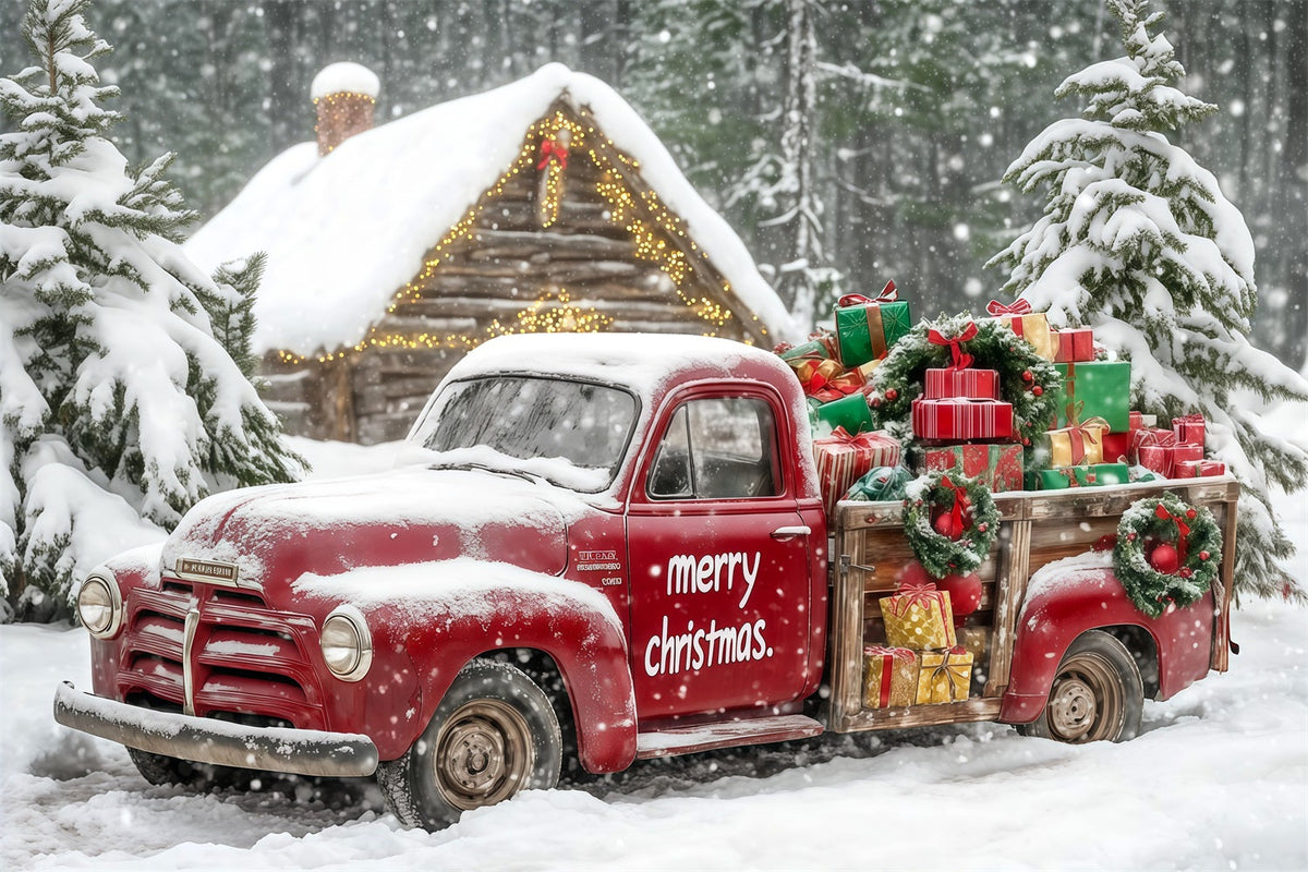 Fond De Camion De Noël Voiture De Cadeaux De La Forêt Enneigée Décors De Studio Pour Noël RR69-76