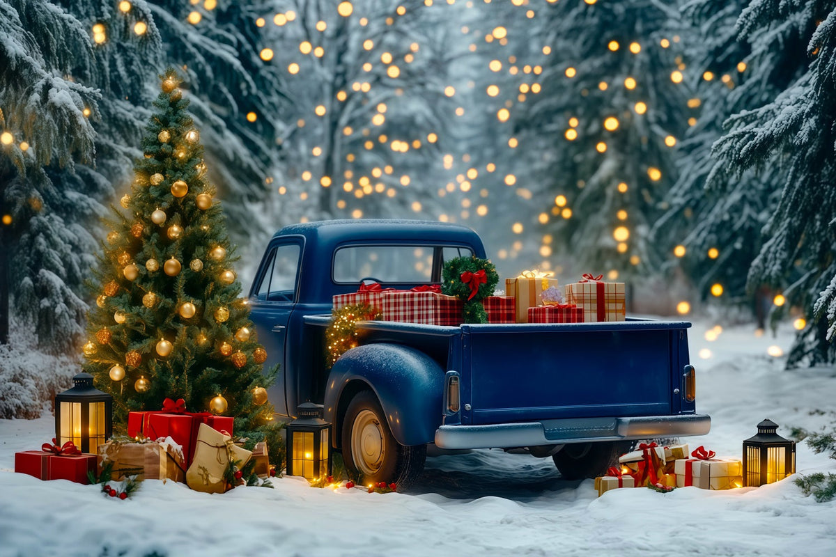 Fond De Camion De Noël Phares De Forêt Pour Camionnette Bleue Toiles De Fond En Mousseline De Noël RR69-91