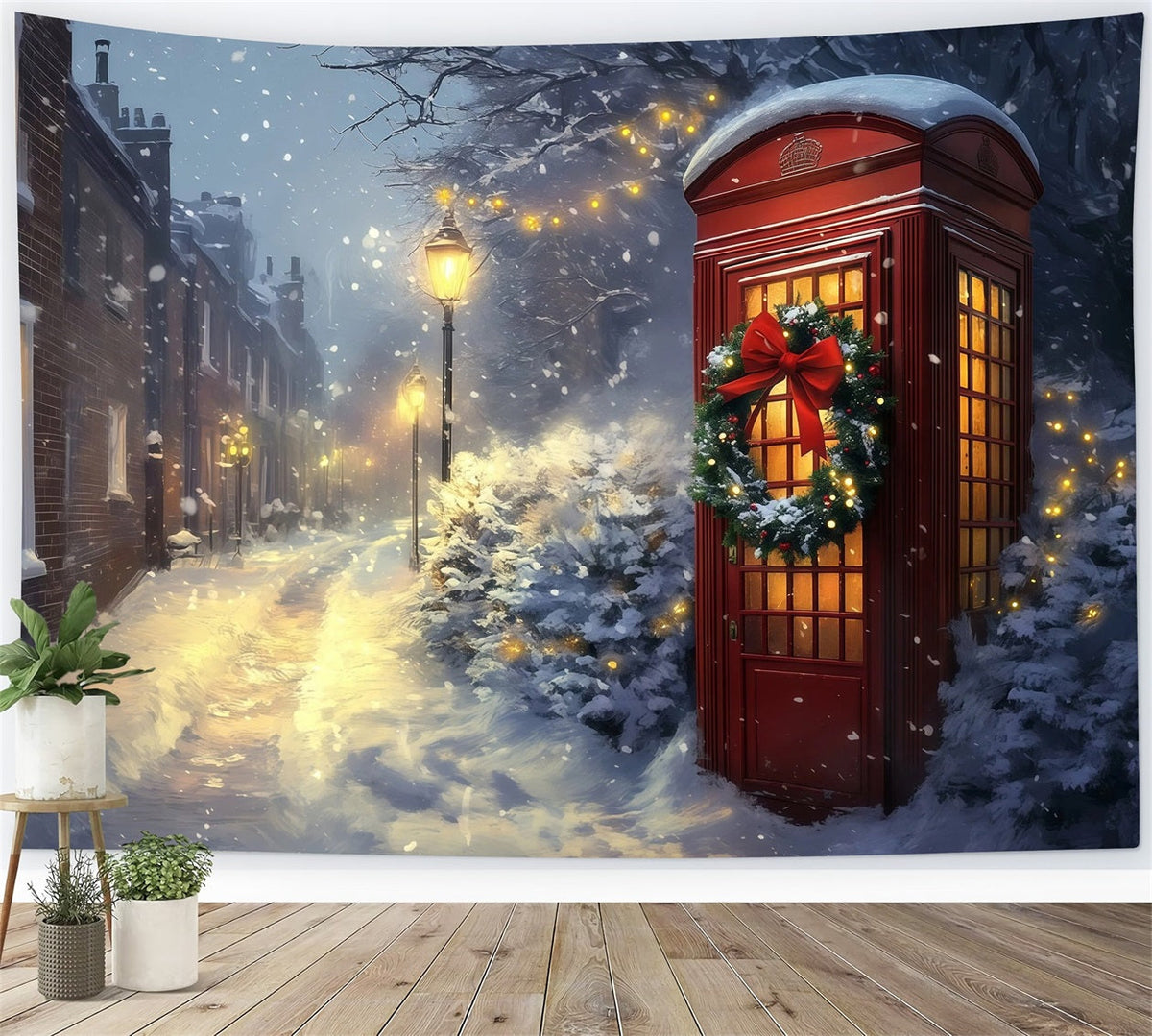 Décor De Noël D'Hiver Cabine Téléphonique Rouge Neige Décor De Noël RR69-96