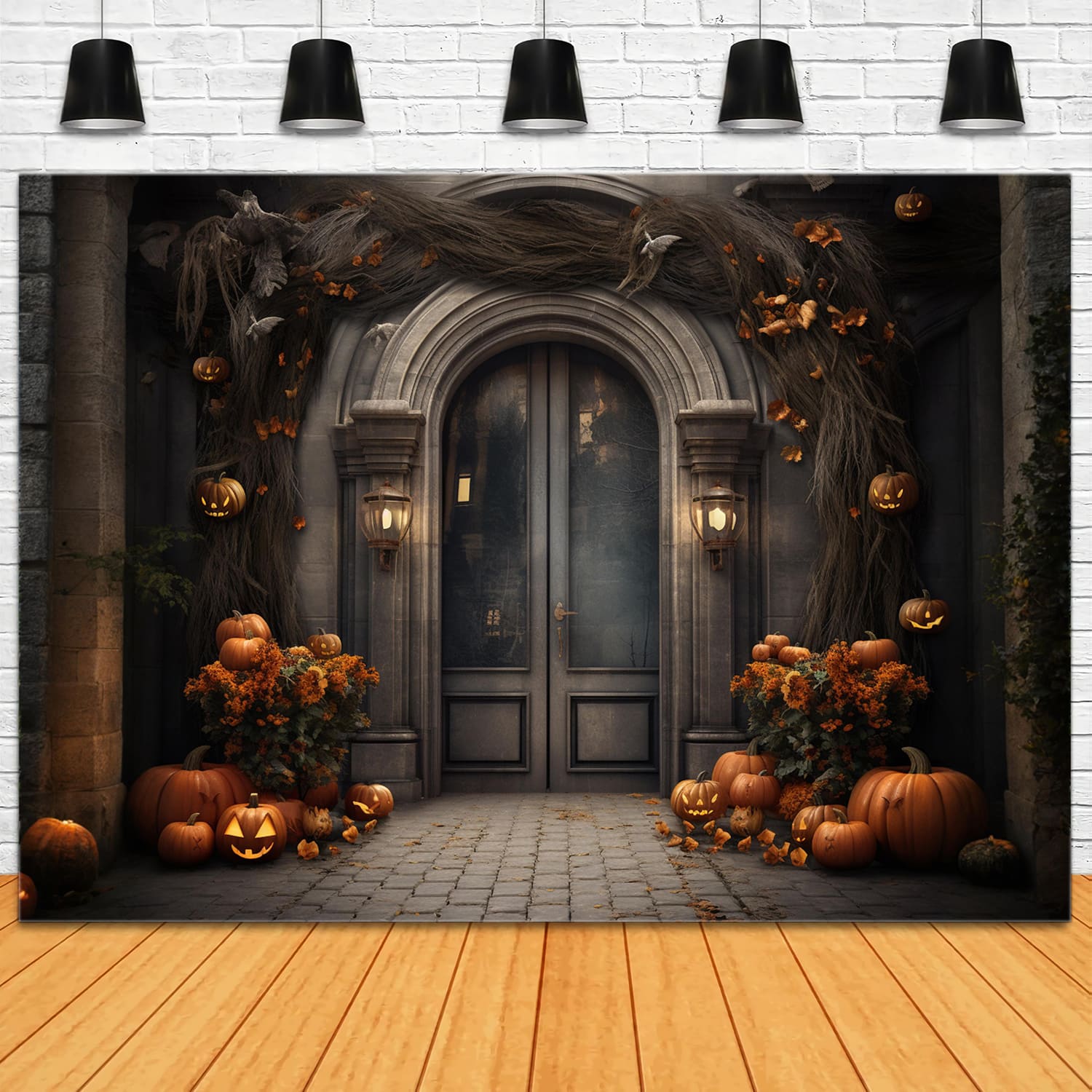 Toile de Fond de Citrouilles de Porte d'Entrée de Manoir d'Halloween RR7-113