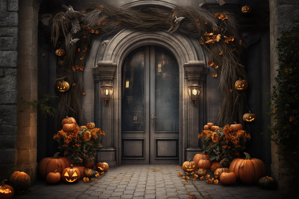 Toile de Fond de Citrouilles de Porte d'Entrée de Manoir d'Halloween RR7-113