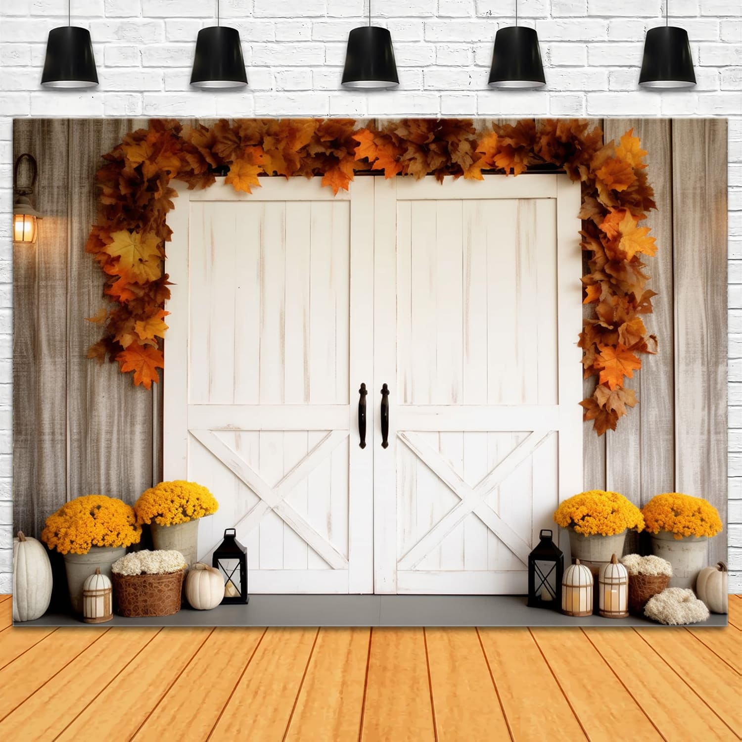 Toile de Fond de Porte Blanche avec Feuilles d'Érable d'Automne RR7-119