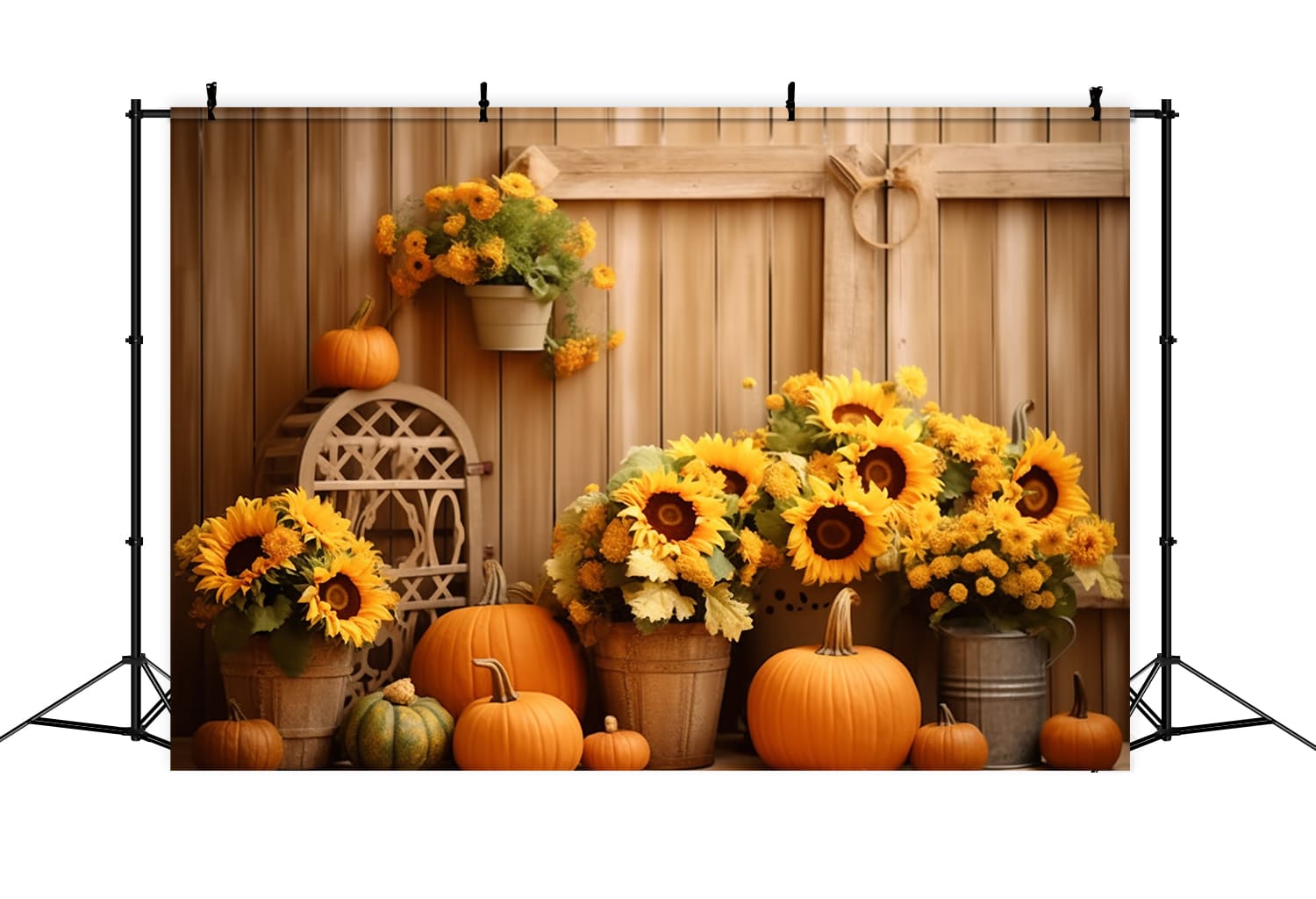 Toile de Fond de Grange avec Bouquet de Tournesols et Citrouilles d'Automne RR7-122
