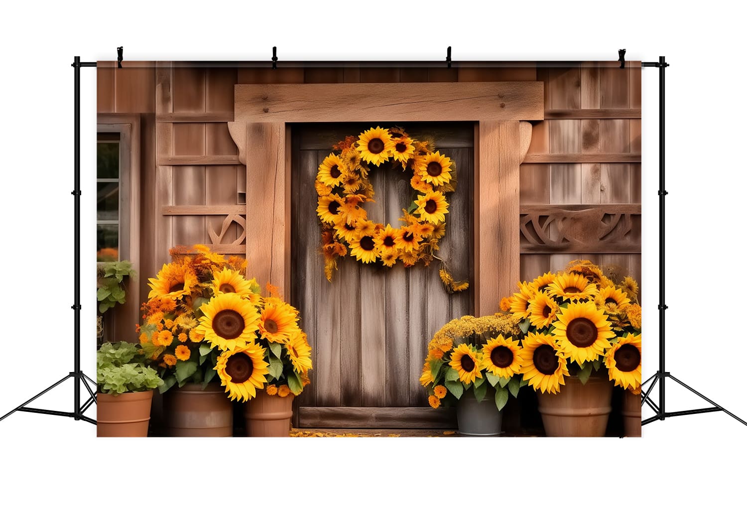 Toile de Fond de Photographie de Récolte d'Automne avec Tournesols et Grange RR7-123