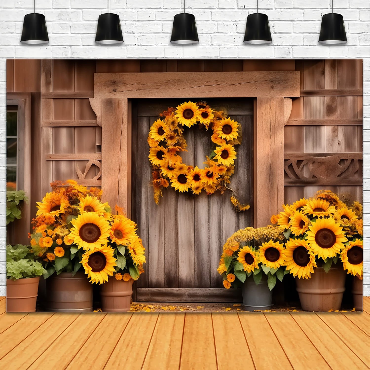 Toile de Fond de Photographie de Récolte d'Automne avec Tournesols et Grange RR7-123