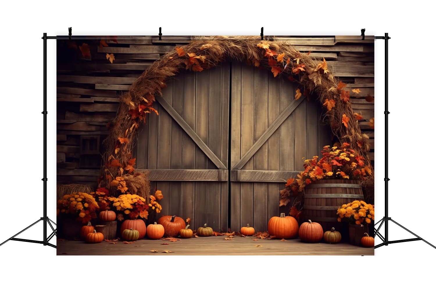 Toile de Fond de Feuilles d'Érable et Citrouilles sous une Arche d'Automne RR7-127