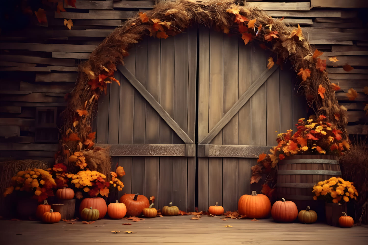 Toile de Fond de Feuilles d'Érable et Citrouilles sous une Arche d'Automne RR7-127