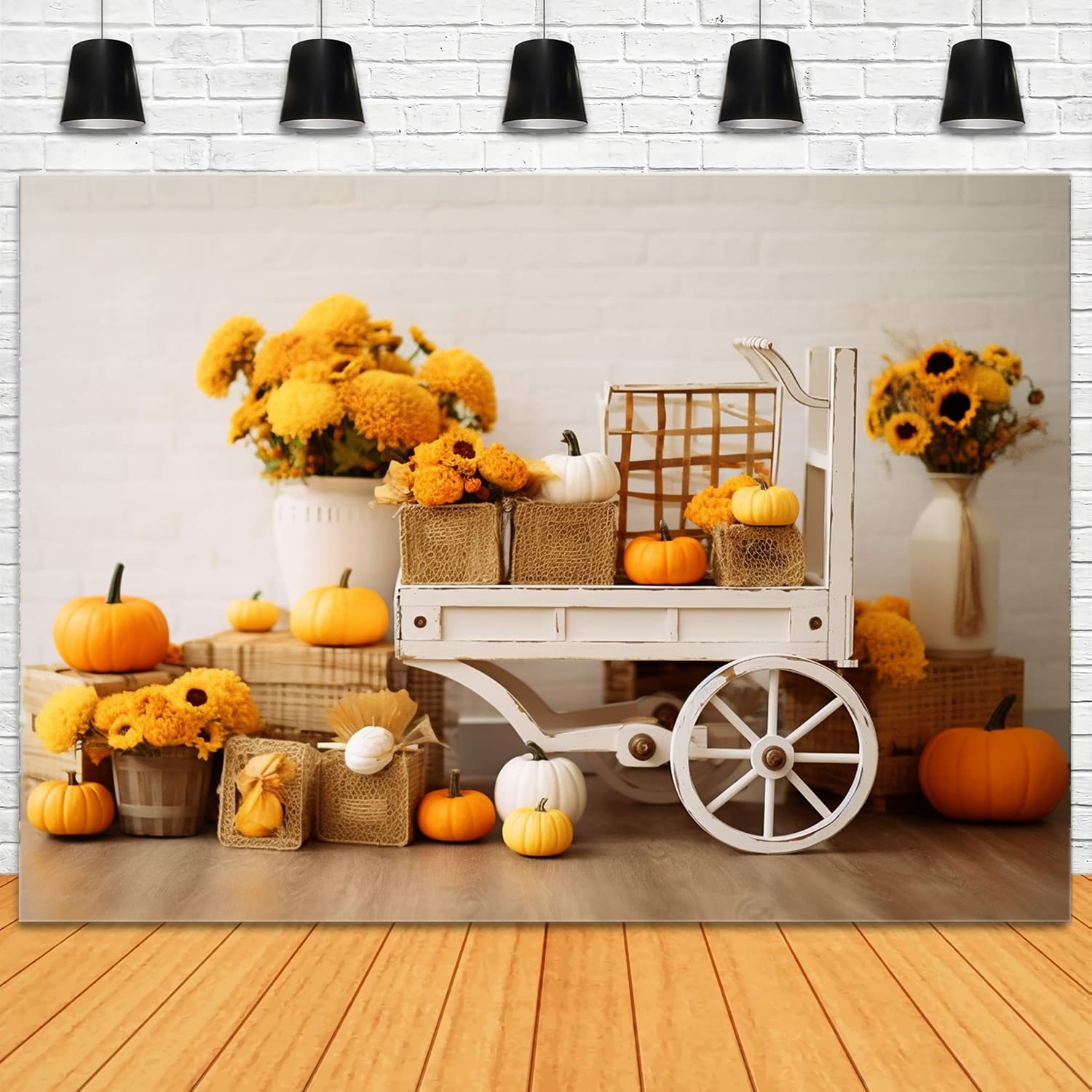 Toile de Fond de Chariot en Bois avec Paille et Tournesols d'Automne RR7-130